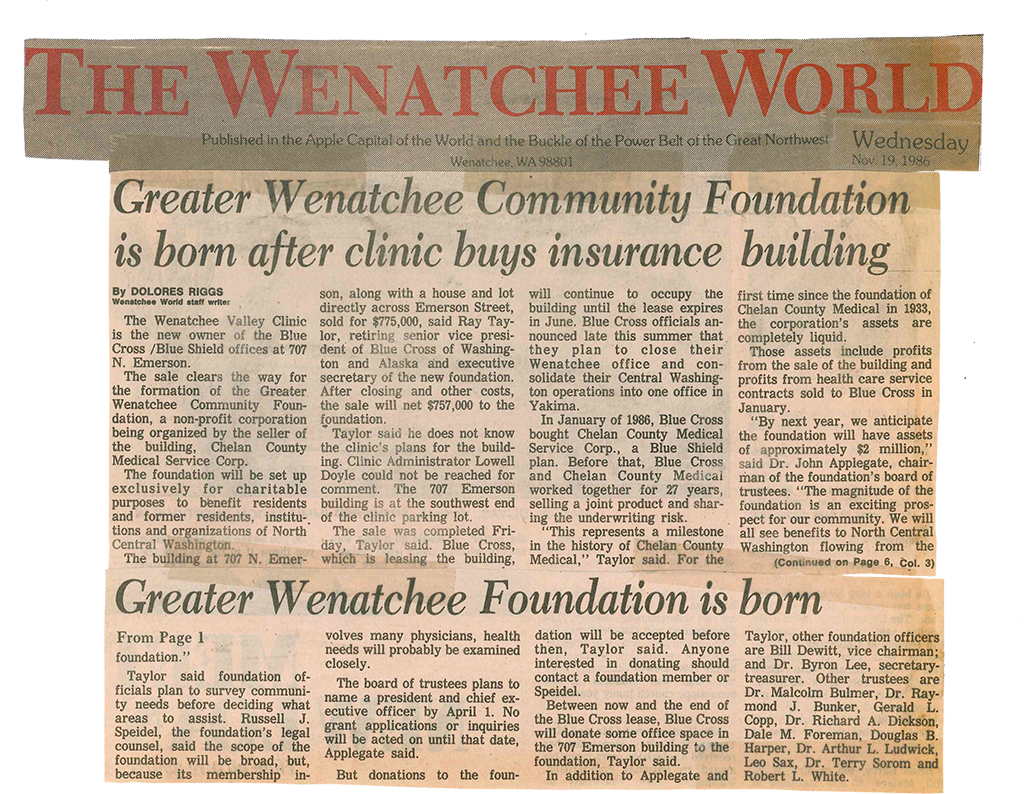 Archival news article in the Wenatchee World announces the formation of the Greater Wenatchee Community Foundation